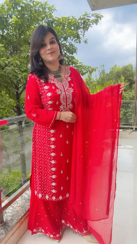 red handwork with palazzo suit