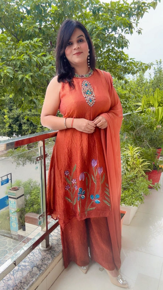 rust kurti and palazzo pant