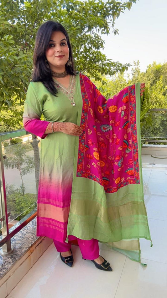 green and pink silk suit