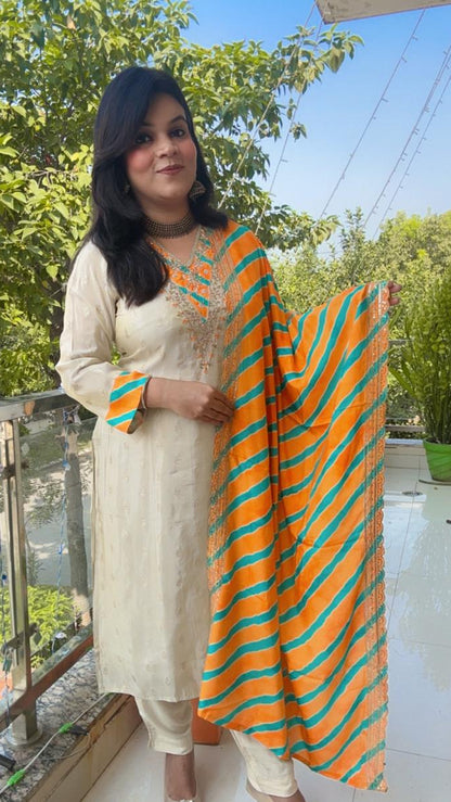 zari and embroidered white suit