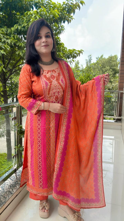 orange and pink suit