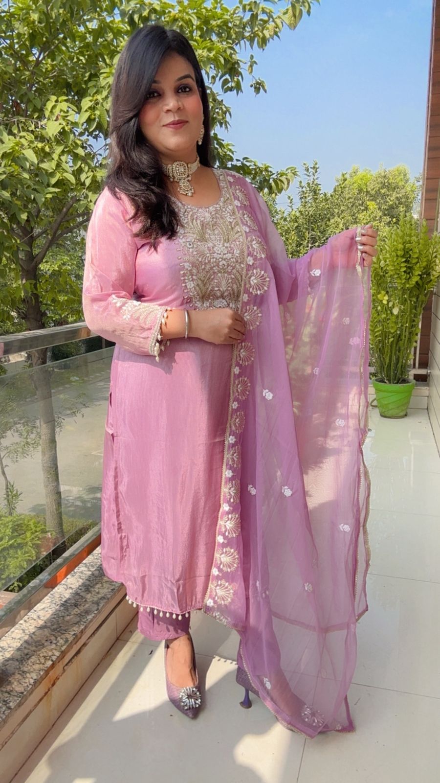 Vibrant Mauve Suit with Heavy Embellishment