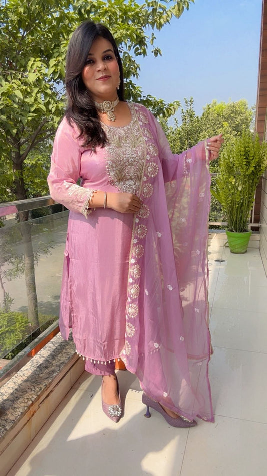Vibrant Mauve Suit with Heavy Embellishment