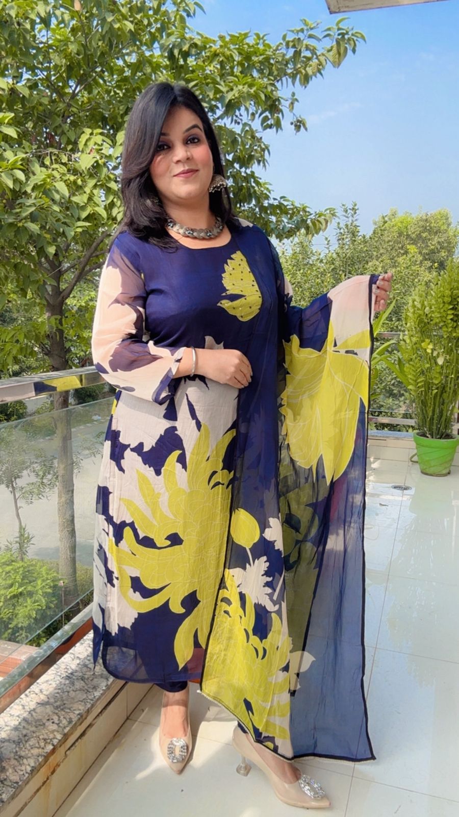 Navy Blue and Chartreuse Floral Print Suit