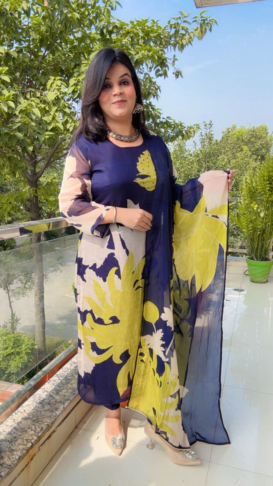 Navy Blue and Chartreuse Floral Print Suit