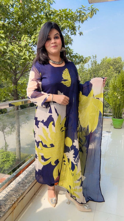 Navy Blue and Chartreuse Floral Print Suit