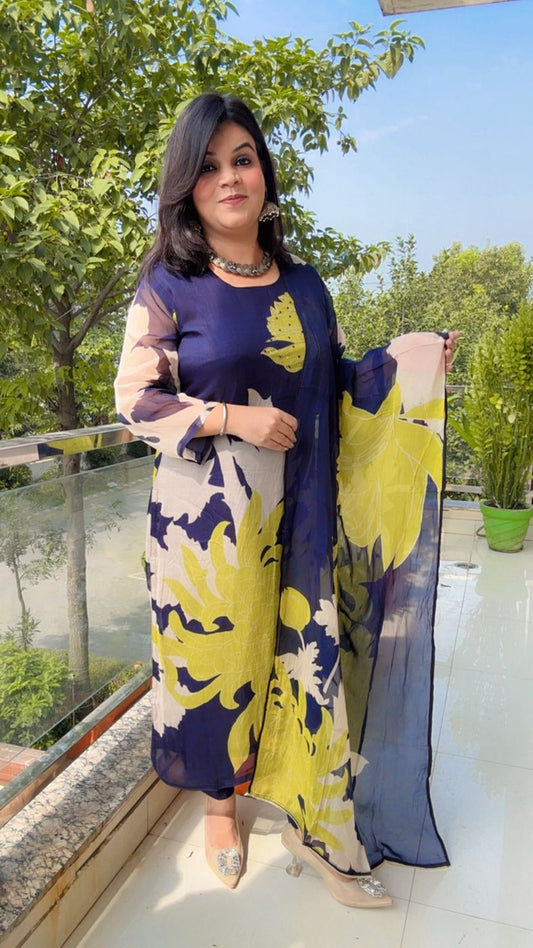 Navy Blue and Chartreuse Floral Print Suit