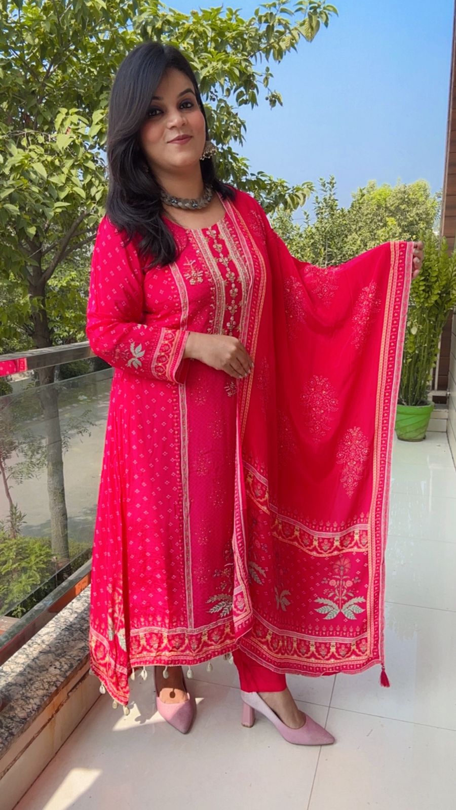 Vibrant Fuchsia Pink Suit with Intricate Print and Embroidery