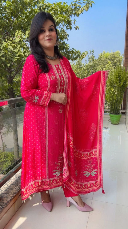 Vibrant Fuchsia Pink Suit with Intricate Print and Embroidery