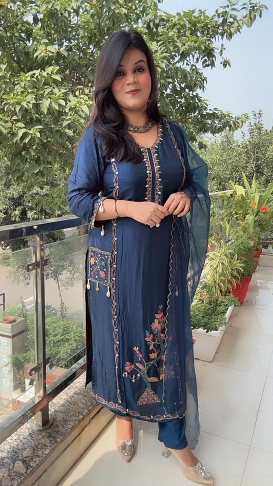 Deep Navy Blue Suit with Detailed Multi-Color Embroidery