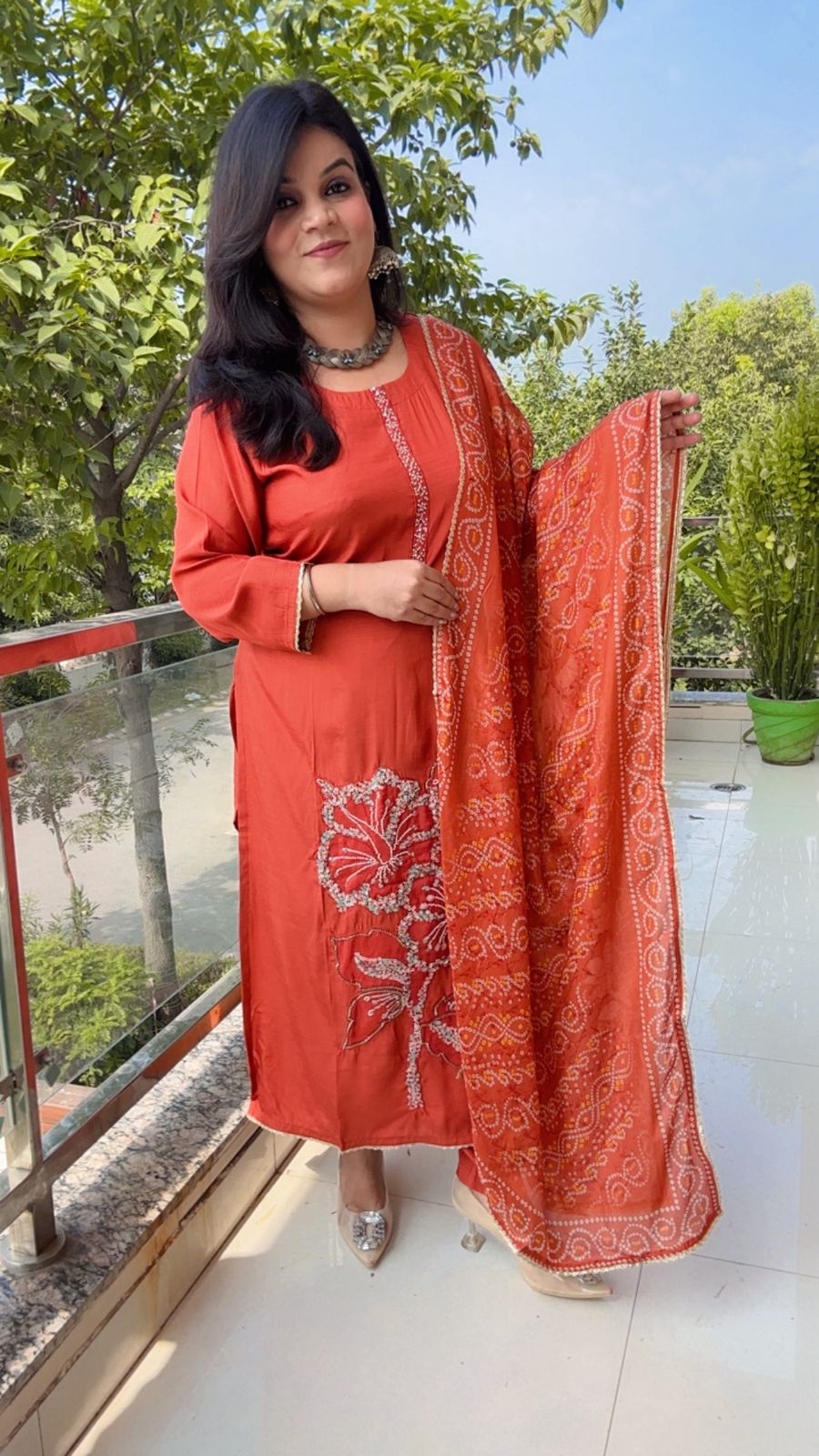 Rustic Orange Suit with White Floral Embroidery and Bandhani Dupatta