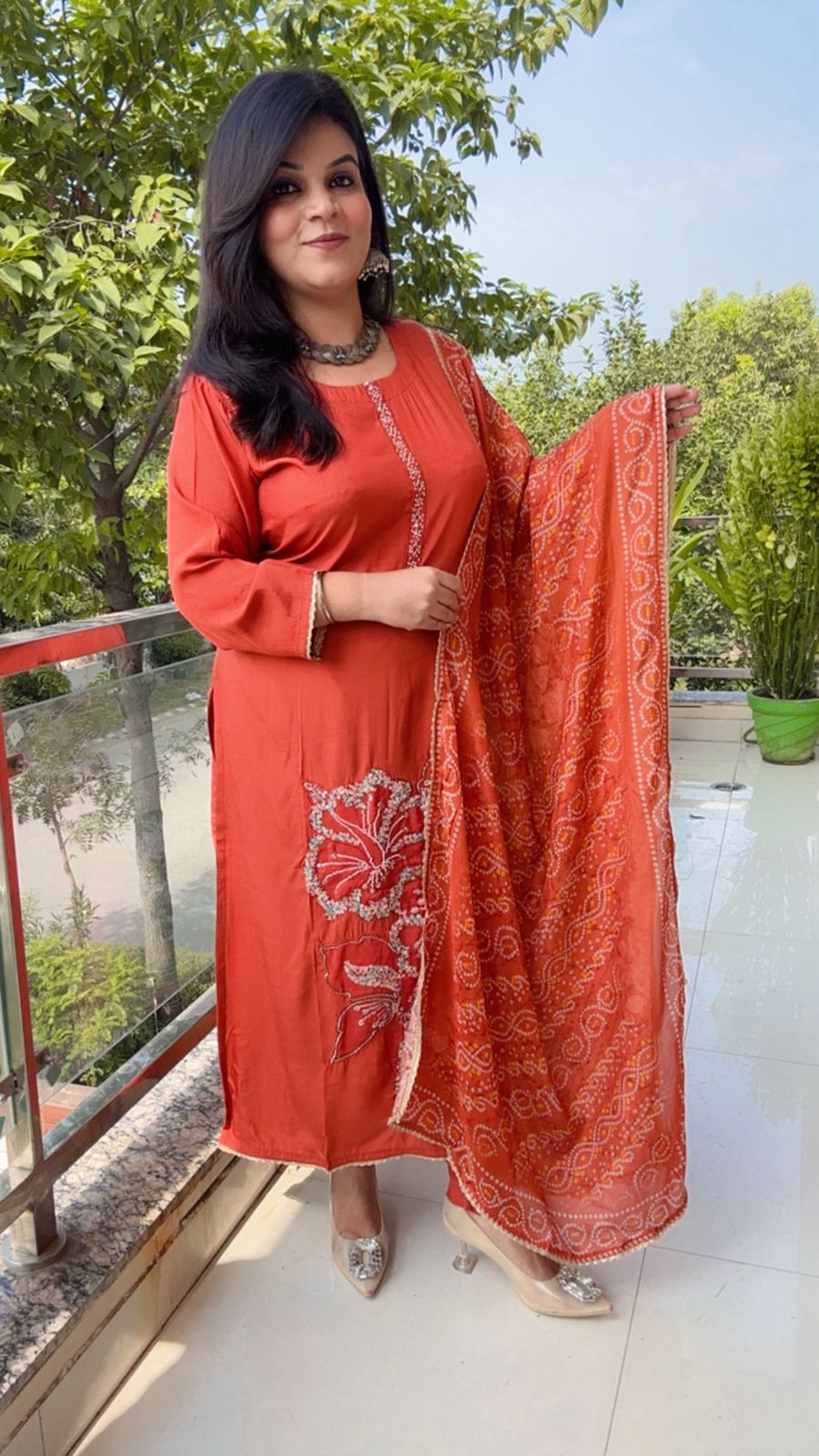 Rustic Orange Suit with White Floral Embroidery and Bandhani Dupatta