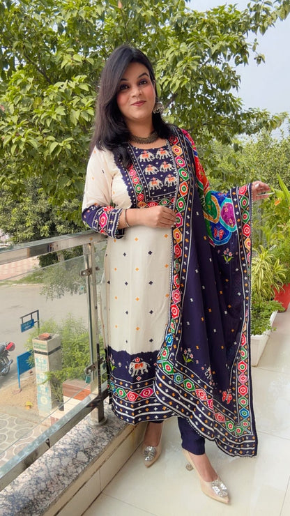 Colorful Embroidered Elephant Print Cotton Ensemble