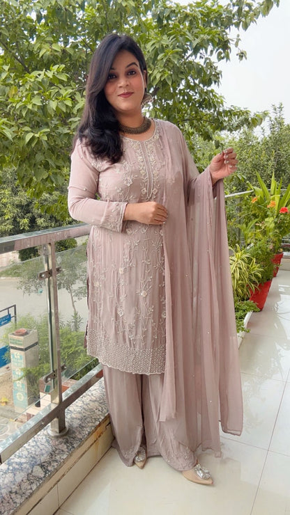 Elegant mouse color Straight Kurta Set with Intricate Threadwork