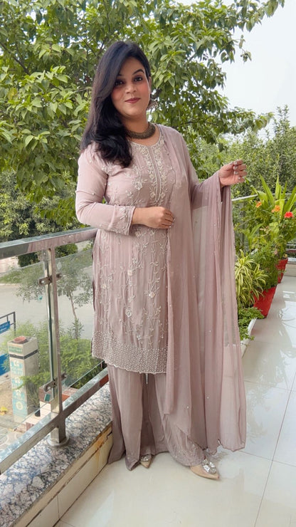 Elegant mouse color Straight Kurta Set with Intricate Threadwork