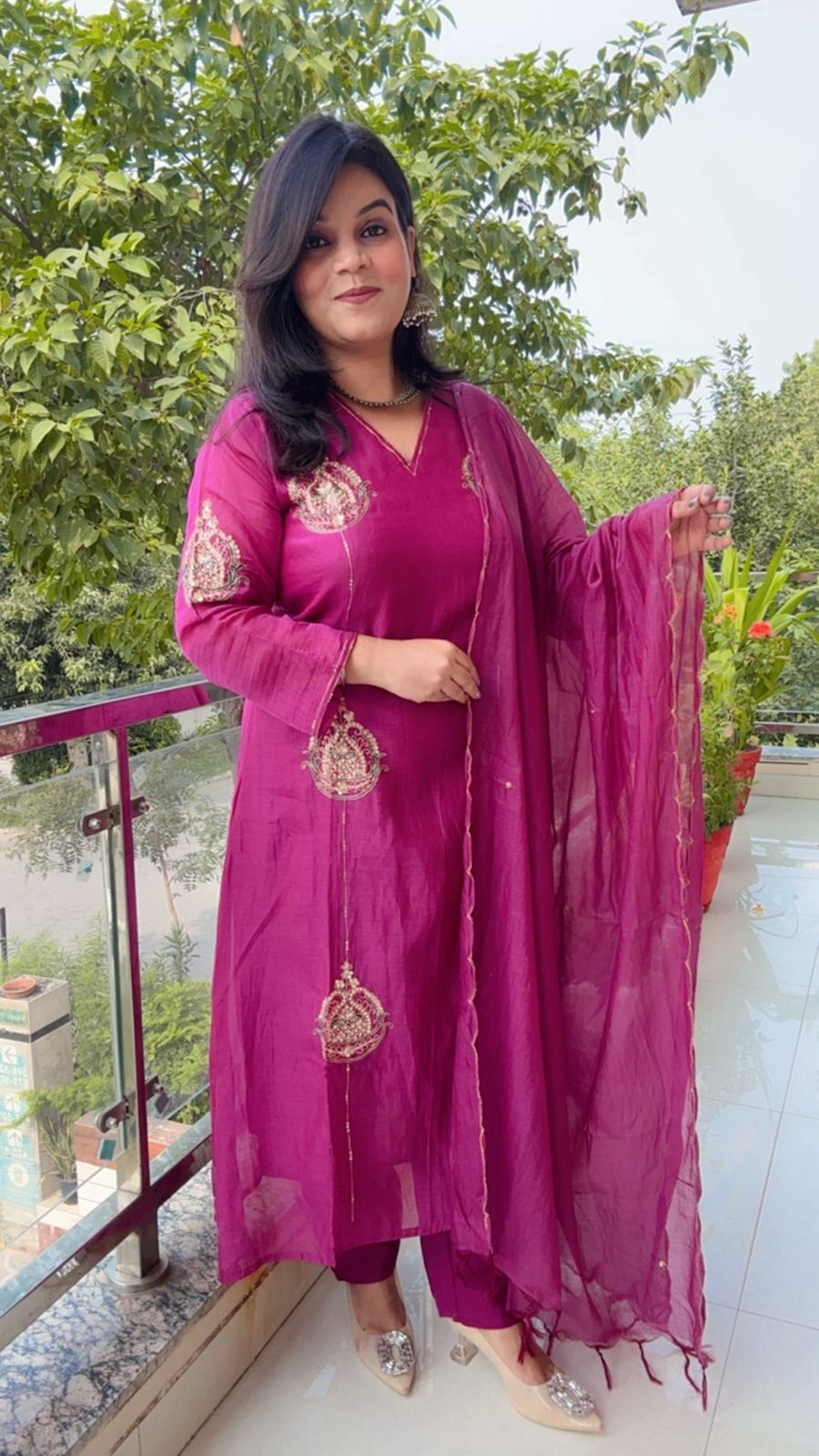 Vibrant Magenta MalSilk Kurta Set with Brocade Appliqué