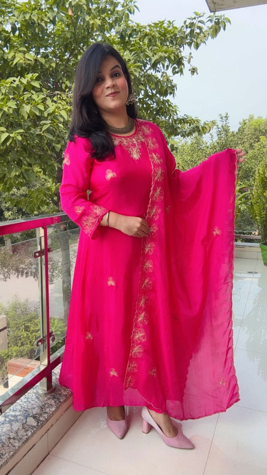 Vibrant Fuschia Anarkali with Gold Zari Embellishment