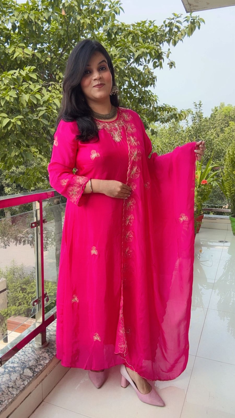 Vibrant Fuschia Anarkali with Gold Zari Embellishment