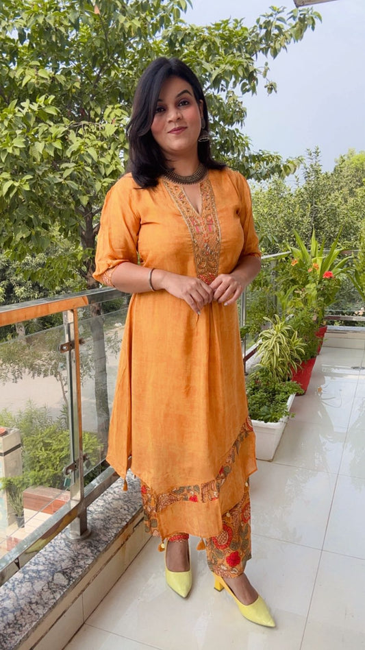 Mustard Yellow A-Line Kurta with Printed Sharara/Palazzo
