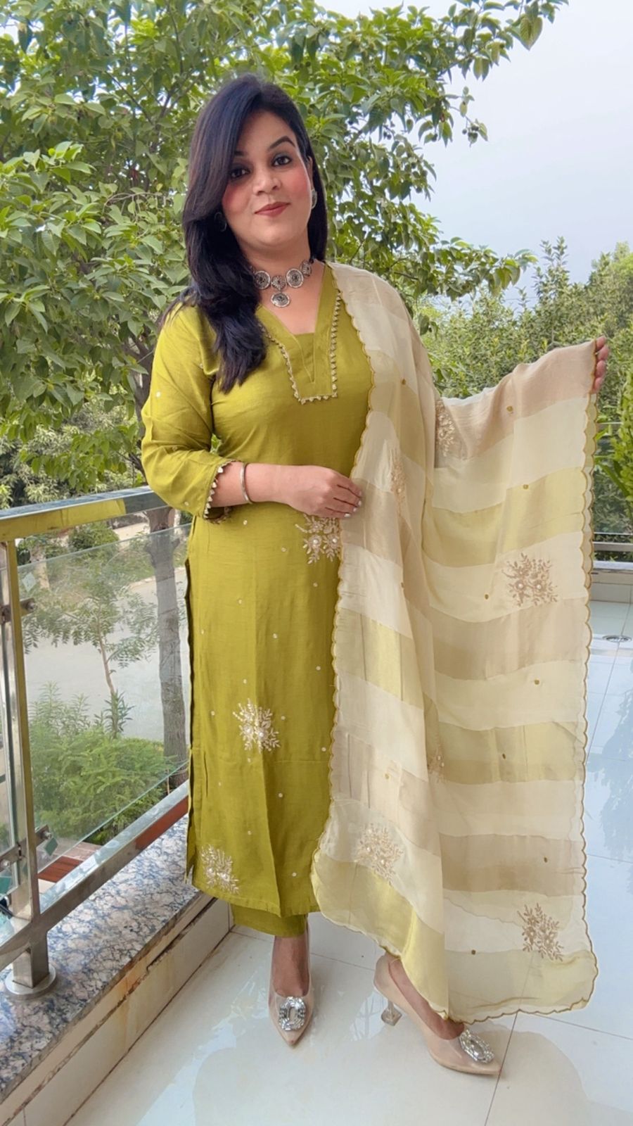 Chic Olive Green Kurta Set with Gold Embroidery