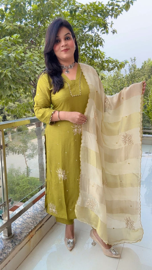 Chic Olive Green Kurta Set with Gold Embroidery