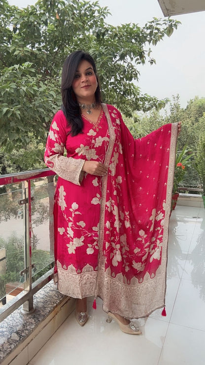 Vibrant Fuchsia Floral Print Suit with Intricate Border RED SUIT