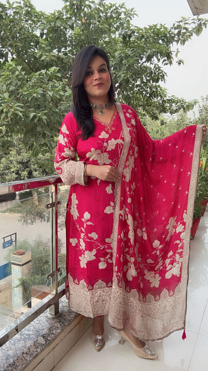 Vibrant Fuchsia Floral Print Suit with Intricate Border RED SUIT