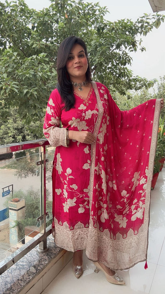 Vibrant Fuchsia Floral Print Suit with Intricate Border RED SUIT