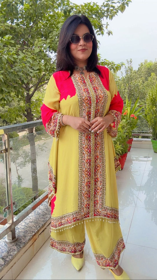 Bright Yellow Tunic cord-set with Multi-Color Ethnic Yok