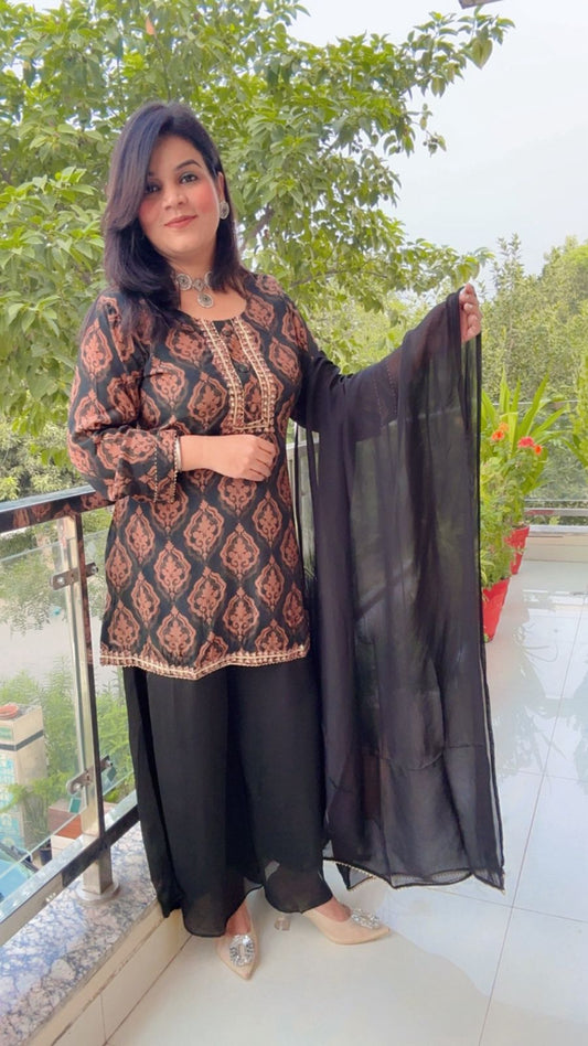 Black and Bronze Printed Short Kurta Set