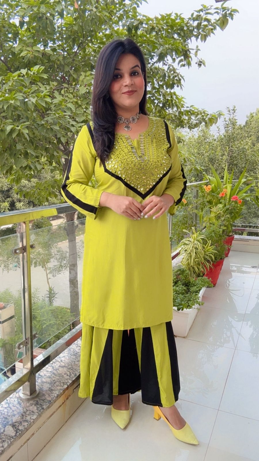 Lime Green Kurta Set with Black Color Blocking and Sequin Yoke