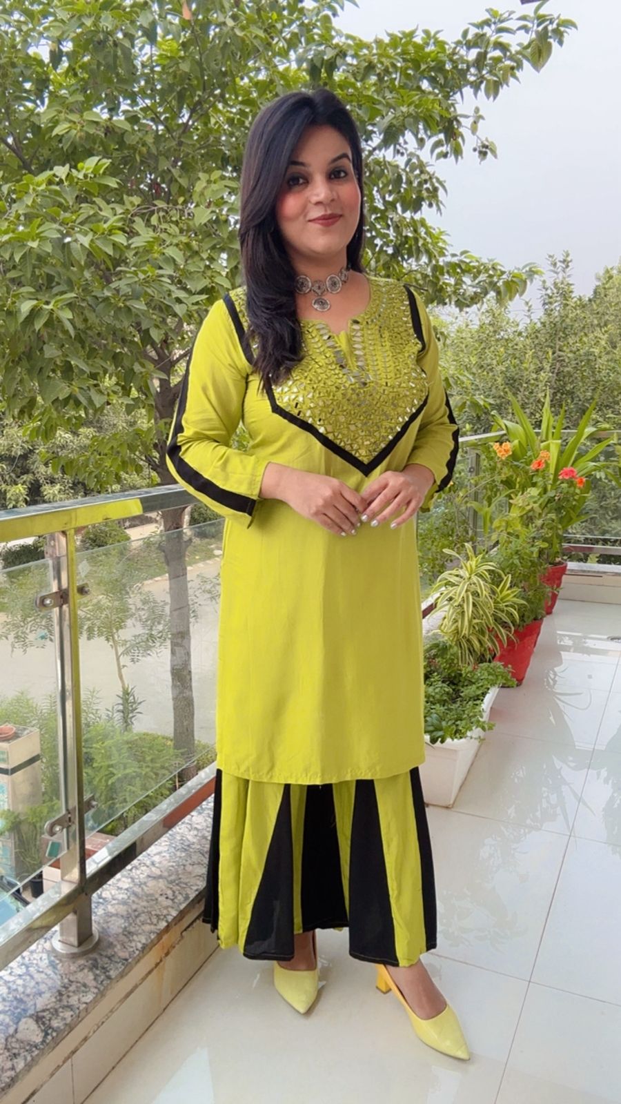 Lime Green Kurta Set with Black Color Blocking and Sequin Yoke