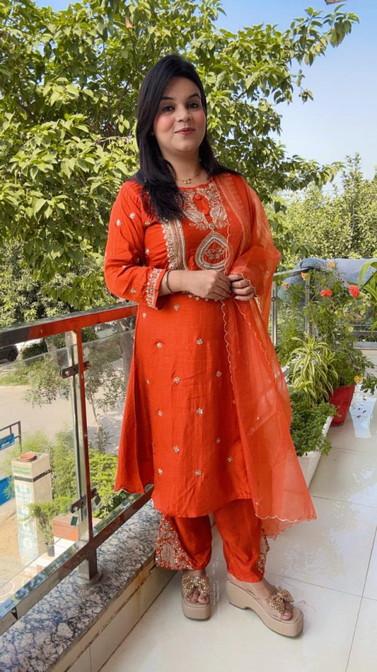 Radiant Orange & Gold Embroidered Suit