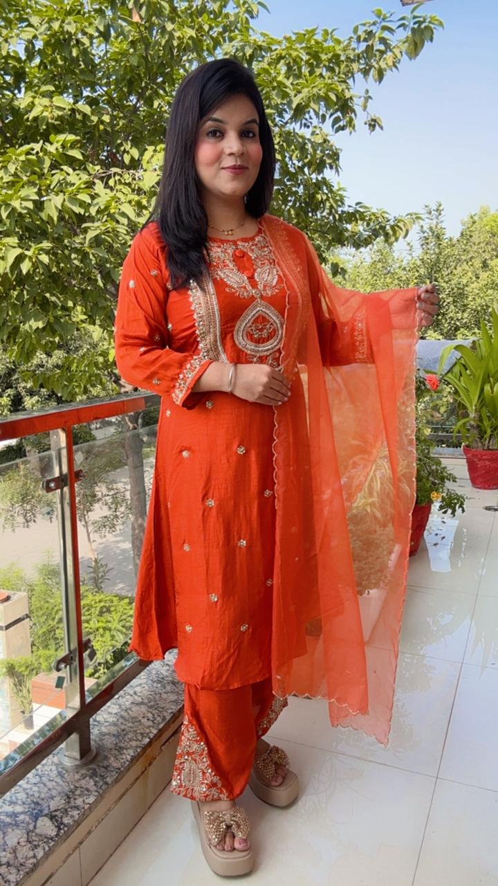 Radiant Orange & Gold Embroidered Suit