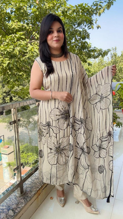 Embroidered Black and White Floral Kurta with Dupatta