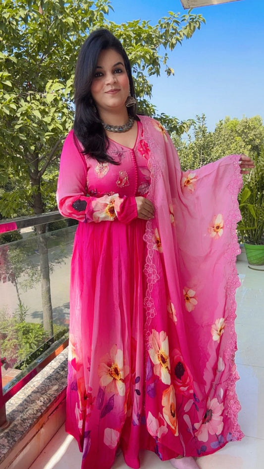 Hot Pink Floral Print Anarkali Set