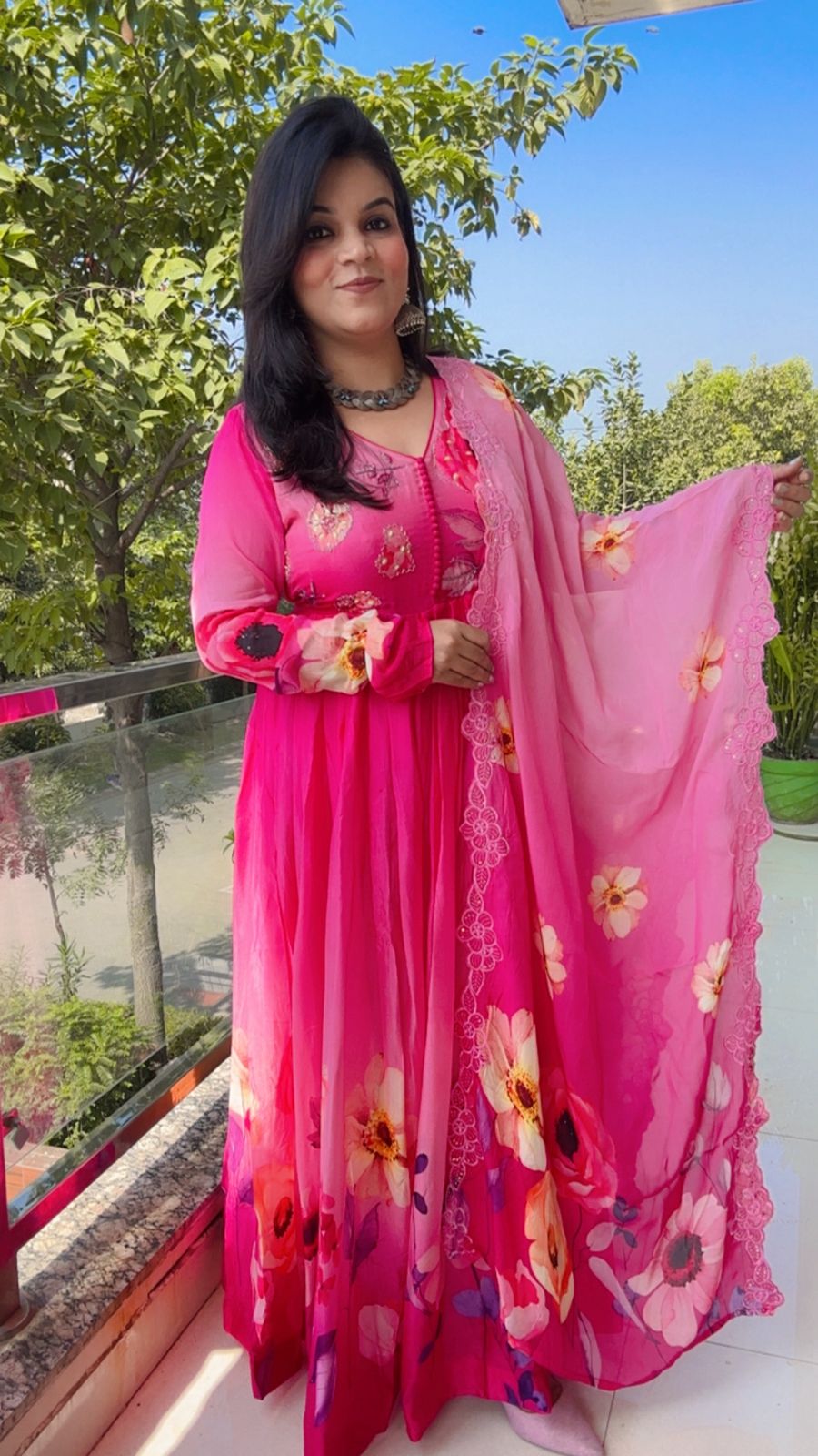Hot Pink Floral Print Anarkali Set