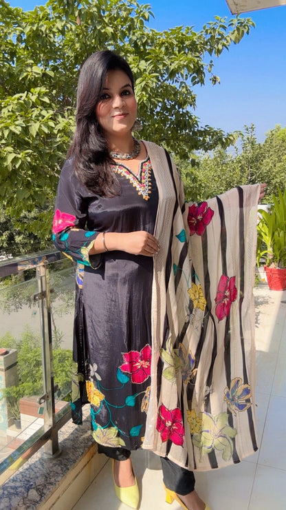 Black Silk Suit with Floral Dupatta