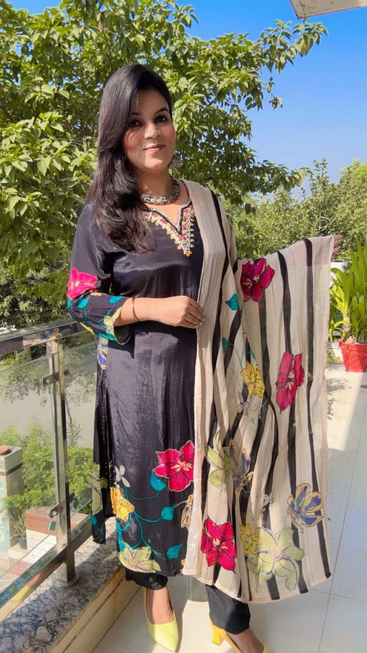 Black Silk Suit with Floral Dupatta