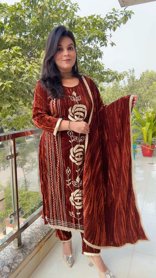 Luxurious Brown Velvet Embroidered Suit Set