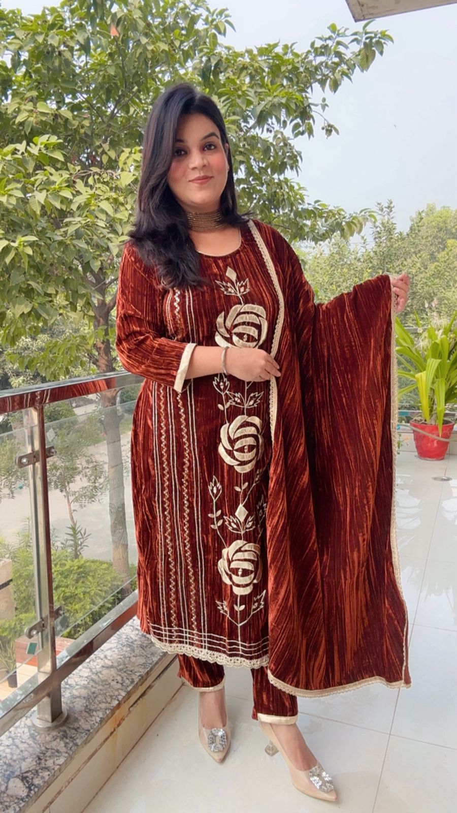 Luxurious Brown Velvet Embroidered Suit Set