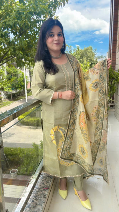 Sage Green Ensemble with Printed Dupatta