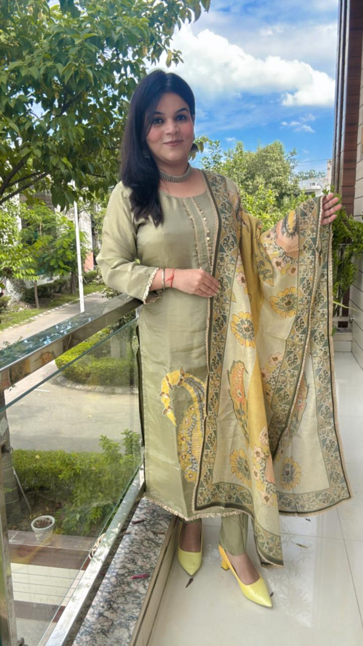 Sage Green Ensemble with Printed Dupatta