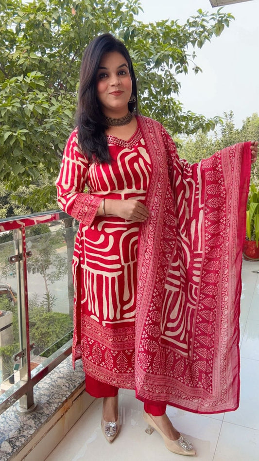 Bold Red & White Printed Suit Set