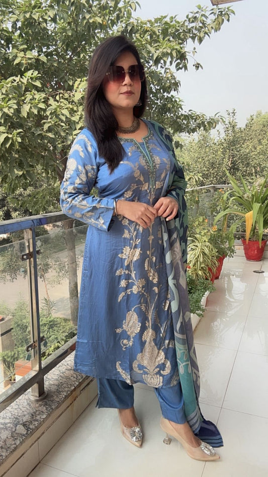 TISSUE SHIMMER SILK BLUISH SUIT