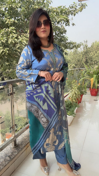 TISSUE SHIMMER SILK BLUISH SUIT