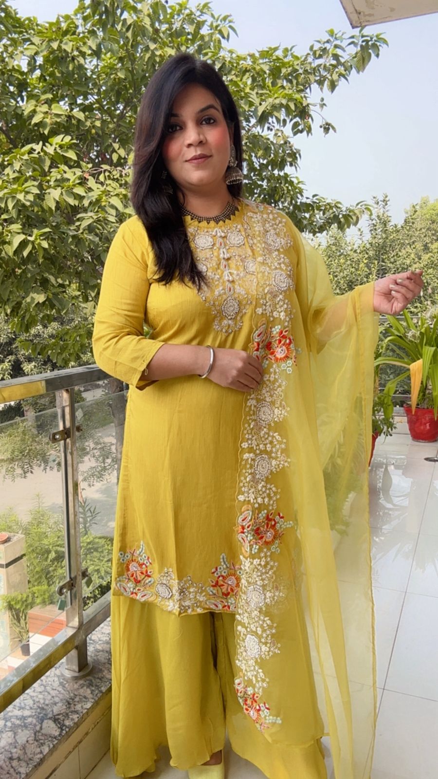Lemon Yellow & White Embroidered Kurta Set