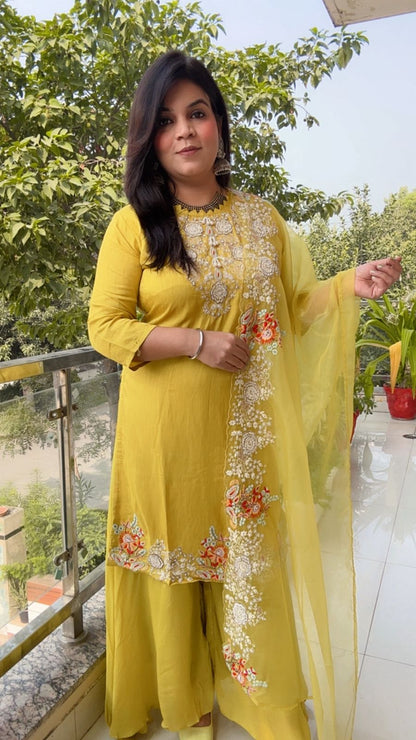 Lemon Yellow & White Embroidered Kurta Set
