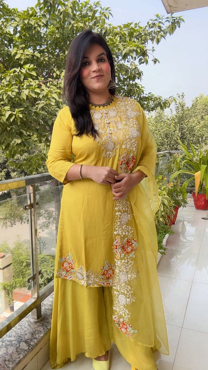 Lemon Yellow & White Embroidered Kurta Set