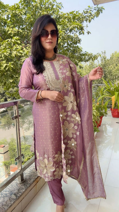 LILAC Silk Kurta Set with Gold Zari & Mirror Work